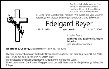 Anzeige von Edelgard Beyer von MGO