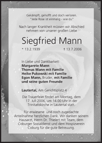 Anzeige von Siegfried Mann von MGO