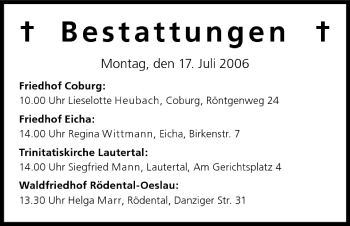 Anzeige von Bestattungen vom 17.07.2006 von MGO