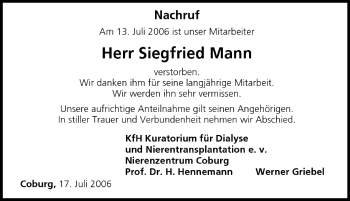 Anzeige von Siegfried Mann von MGO