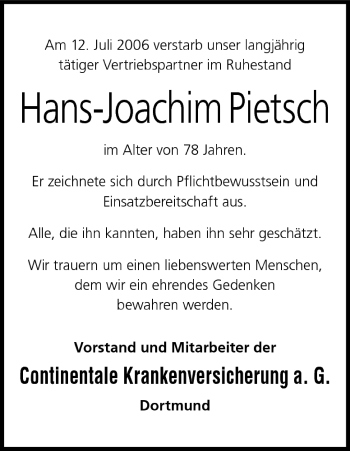 Anzeige von Hans-Joachim Pietsch von MGO