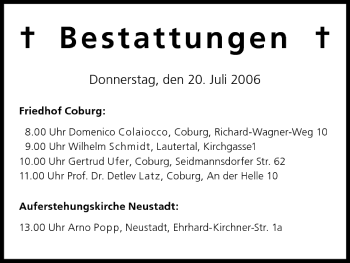 Anzeige von Bestattungen vom 20.07.2006 von MGO