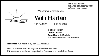 Anzeige von Willi Hartan von MGO