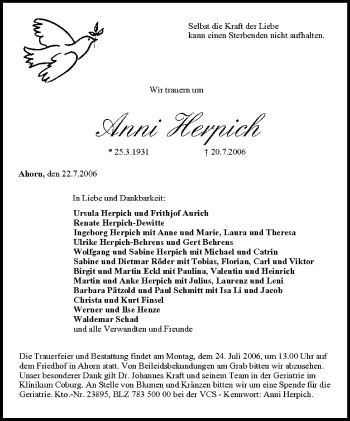 Anzeige von Anni Herpich von MGO