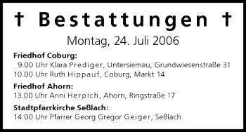 Anzeige von Bestattungen vom 24.07.2006 von MGO