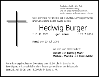 Anzeige von Hedwig Burger von MGO