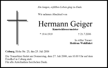Anzeige von Hermann Geiger von MGO