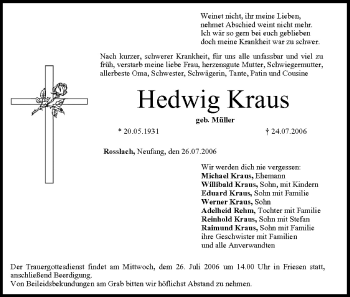 Anzeige von Hedwig Kraus von MGO