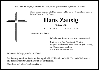 Anzeige von Hans Zausig von MGO