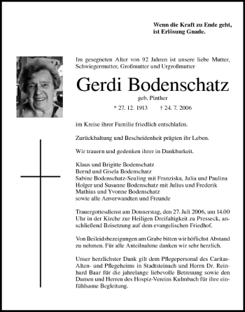 Anzeige von Gerdi Bodenschatz von MGO