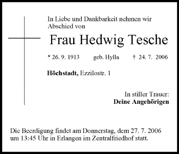 Anzeige von Hedwig Tesche von MGO