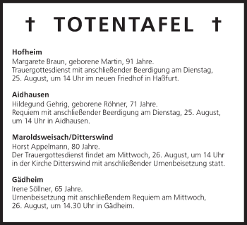 Anzeige von Totentafel vom 24.08.2015 von MGO