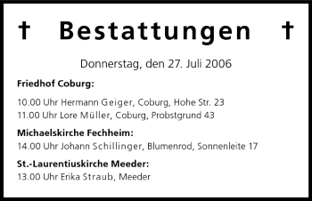 Anzeige von Bestattungen vom 27.07.2006 von MGO