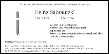 Anzeige von Heinz Sabrautzki von MGO