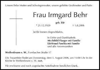 Anzeige von Irmgard Behr von MGO