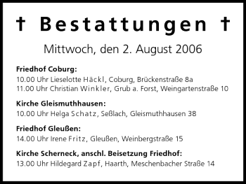 Anzeige von Bestattungen vom 02.08.2006 von MGO