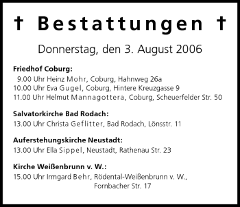 Anzeige von Bestattungen vom 03.08.2006 von MGO