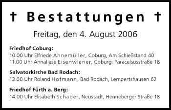 Anzeige von Bestattungen vom 04.08.2006 von MGO