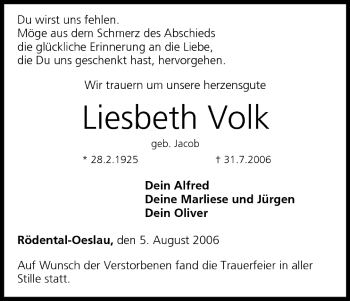 Anzeige von Liesbeth Volk von MGO