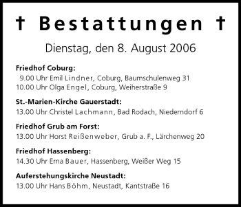 Anzeige von Bestattungen vom 08.08.2006 von MGO