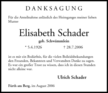 Anzeige von Elisabeth Schader von MGO