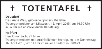 Anzeige von Totentafel vom 15.04.2015 von MGO