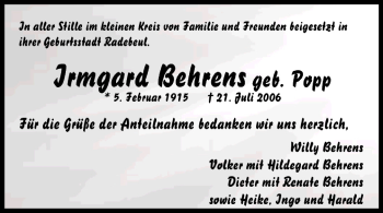 Anzeige von Irmgard Behrens von MGO
