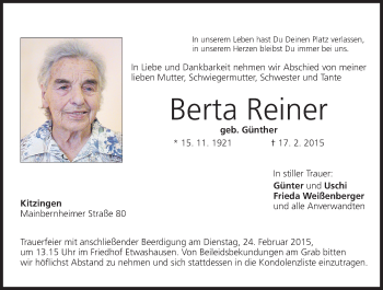 Anzeige von Berta Reiner von MGO