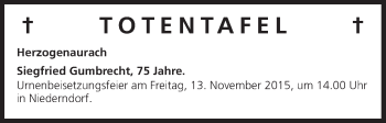 Anzeige von Totentafel vom 11.11.2015 von MGO