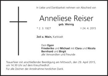 Anzeige von Anneliese Reiser von MGO