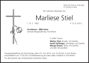 Anzeige von Marliese Stiel von MGO
