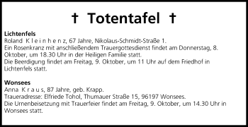 Anzeige von Totentafel vom 08.10.2015 von MGO