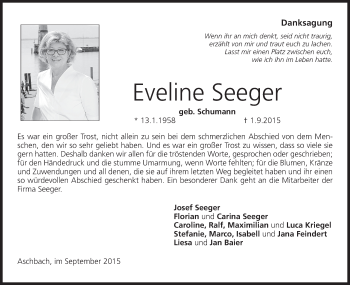 Anzeige von Eveline Seeger von MGO