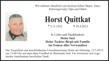 Anzeige von Horst Quittkat von MGO