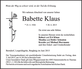Anzeige von Babette Klaus von MGO