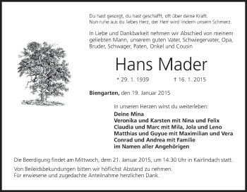 Anzeige von Hans Mader von MGO