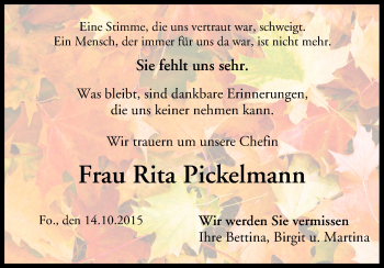 Anzeige von Rita Pickelmann von MGO