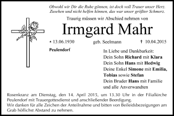 Anzeige von Irmgard Mahr von MGO