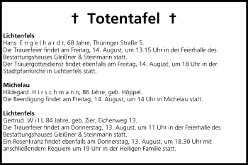 Anzeige von Totentafel vom 13.08.2015 von MGO