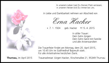 Anzeige von Erna Hacker von MGO
