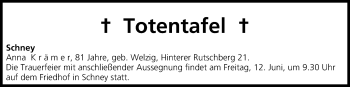 Anzeige von Totentafel, vom 12.06.2015 von MGO