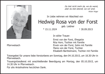 Anzeige von Hedwig Rosa von der Forst von MGO