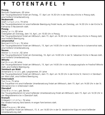 Anzeige von Totentafel vom 14.04.2015 von MGO