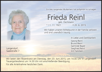 Anzeige von Frieda Reinl von MGO