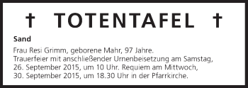 Anzeige von Totentafel vom 24.09.2015 von MGO