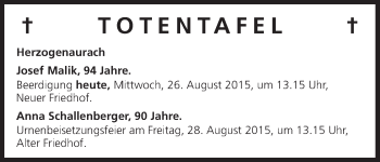 Anzeige von Totentafel vom 26.08.2015 von MGO