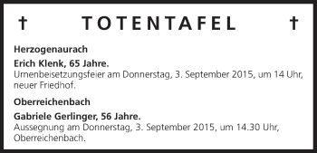 Anzeige von Totentafel vom 01.09.2015 von MGO