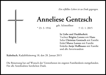 Anzeige von Anneliese Gentzsch von MGO