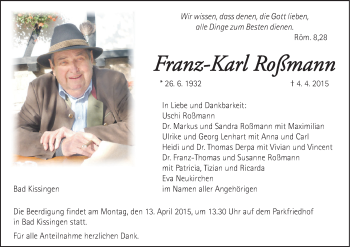 Anzeige von Franz-Karl Roßmann von MGO