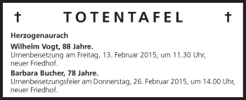 Anzeige von Totentafel vom 12.02.2015 von MGO